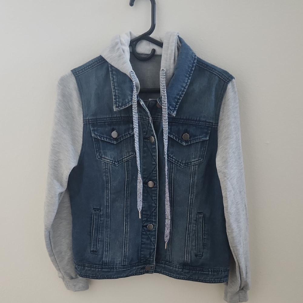 Allegra K Casual Layered Drawstring Pockets Hood Denim Jacket
